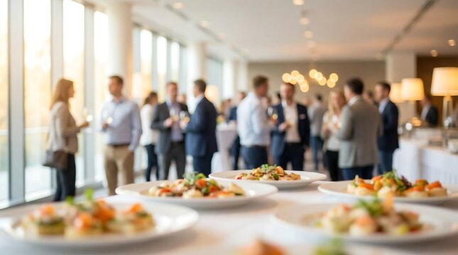 A sophisticated, blurred scene of a corporate reception with elegantly arranged individual appetizer plates and guests mingling in the background.