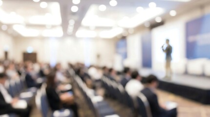 Fototapeta premium A dynamic, blurred image of a speaker engaging a large seated audience from a raised stage at a significant business conference or seminar.