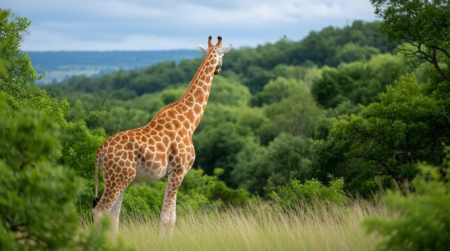 Giraffe gently turning its head while walking across a grassy african savanna hillside with rolling green forest background for wildlife conservation and nature study