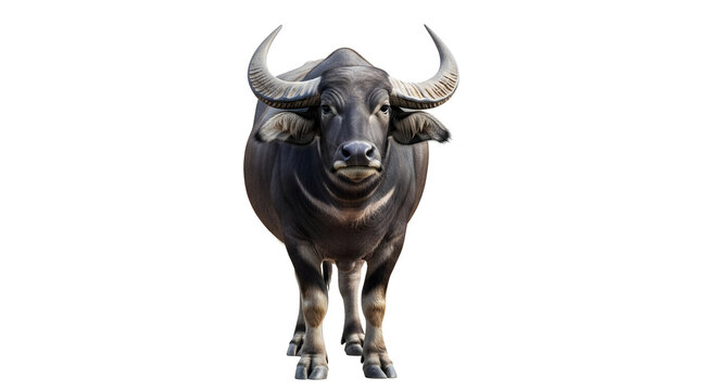 Majestic water buffalo with large curved horns stands facing forward, showcasing its powerful presence.