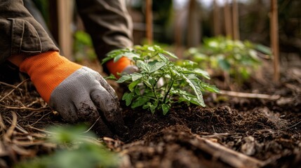 Fototapeta premium Gardening Hands at Work: Hands carefully tending to tender plants in a thriving garden, embodying the essence of nurturing growth and cultivating a vibrant landscape.