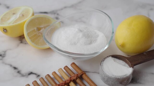 Fresh lemon slices and whole lemons with baking soda in a clear bowl and wooden scoop, arranged on a white marble surface, creating a dynamic and natural still life for cleaning or cooking concepts