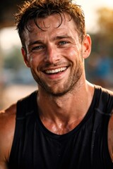Fototapeta premium Sweaty man looking at camera with a joyful expression, water drops on his skin showing effort and satisfaction from fitness training and a healthy lifestyle