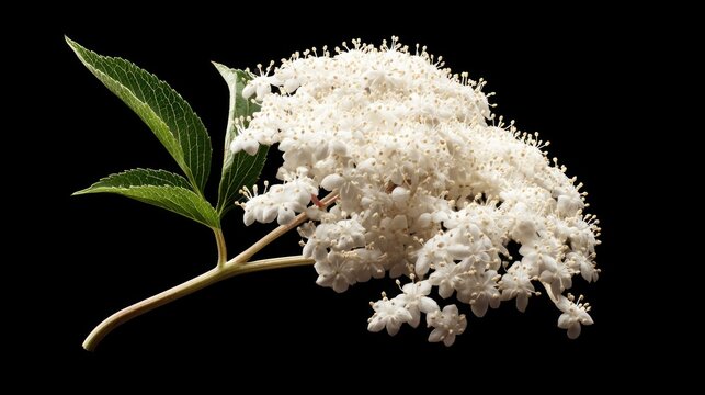Delicate white elderflower cluster with green leaves against a stark black background