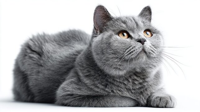 A fluffy British Shorthair cat with golden eyes lies on a white background