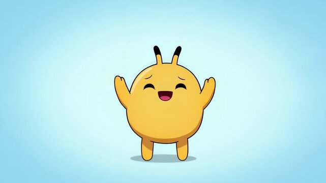 Cheerful cartoon character animation with arms raised against blue background for childrens entertainment content