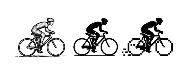 Fototapeta premium Evolution of bicycle imagery: sketch, silhouette, pixel art of cyclist