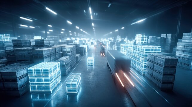 Futuristic warehouse interior with glowing digital inventory and moving trucks