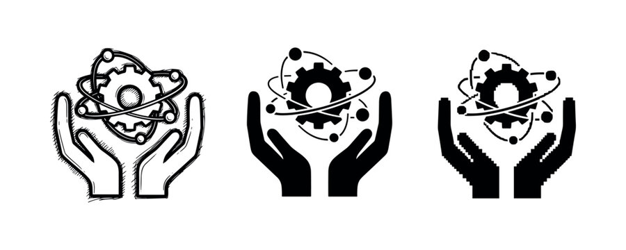 Hands holding atom and gear abstract icons in various styles