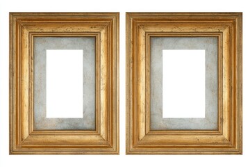 Two ornate, golden picture frames with white inserts sit side-by-side, isolated on white