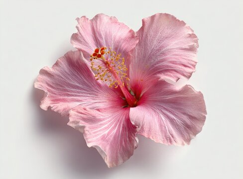 Pink hibiscus flower with detailed petals and stamens, top-down view, centered on a white backdrop