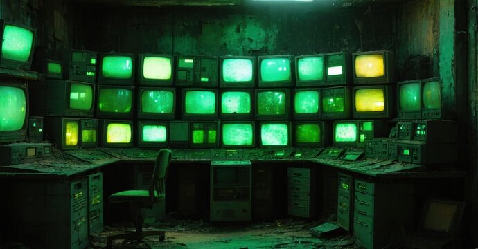 Dark room filled monitors. Old technology dominates space, creating eerie atmosphere. Desolate control center appears abandoned.