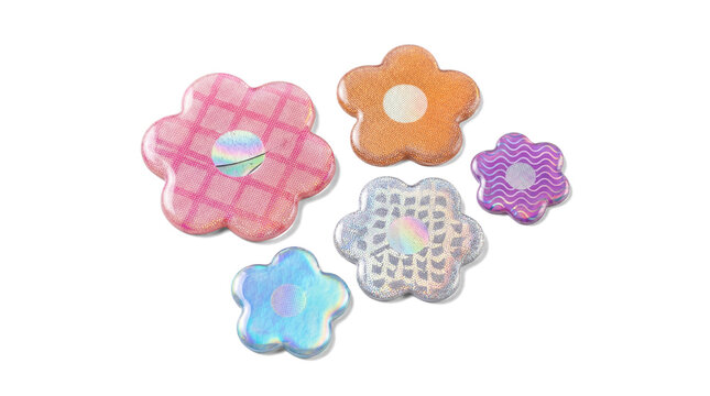 cute holographic flower stickers with plaid and textured patterns and iridescent centers, isolated on transparent background.