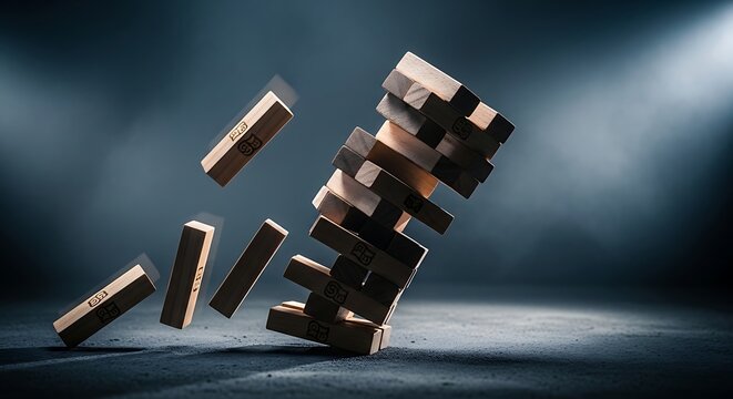 Jenga tower collapsing with blocks falling, symbolizing risk, failure, and instability.