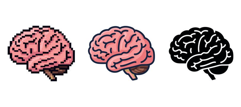 Three brain illustrations: pixel art, cartoon style, and silhouette design