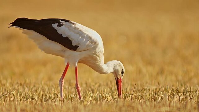 White Stork (Ciconia ciconia) Foraging on Harvested Field at Summer Sunrise, 4K Close-Up Eye Level &ndash; Stuttgart, Baden-W&uuml;rttemberg, Germany, Europe