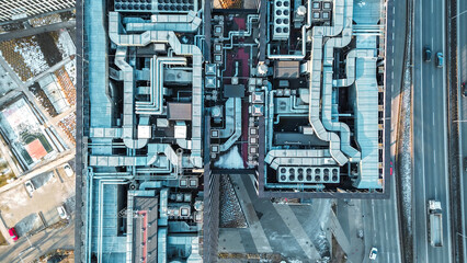 Top view industrial rooftop pipes air ducts