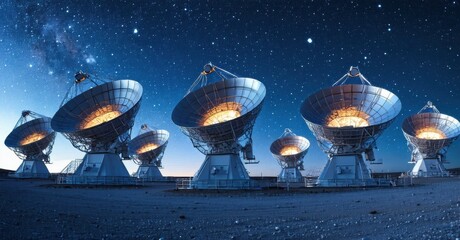 Fototapeta premium Radio telescopes observe distant stars, galaxies. Desert landscape provides clear skies, ideal conditions for astronomy research. Nighttime view showcases cosmic beauty.