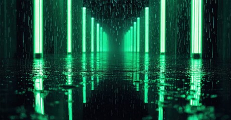 Fototapeta premium Futuristic corridor, glowing green lights, rain falling. Reflections visible on wet floor, creating dramatic perspective. Dark ambiance.