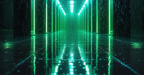 Fototapeta premium Futuristic corridor. Bright green neon lights illuminate wet floor, creating dramatic perspective. Rain falls throughout space.