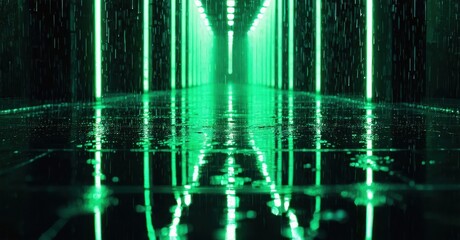 Fototapeta premium Futuristic corridor. Green lights descend like rain. Reflections shimmer on wet floor. Dark, immersive space evokes digital world.
