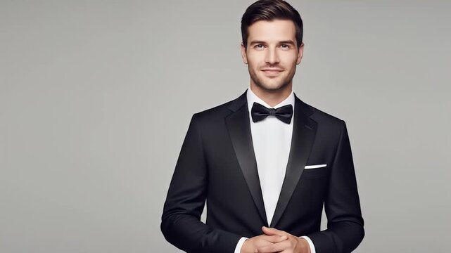 Man wearing a tuxedo, hands clasped, on a gray background, facing forward