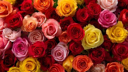 Obraz premium Vibrant Bouquet of Multicolored Roses Background, Top View Floral Pattern for Celebration and Love