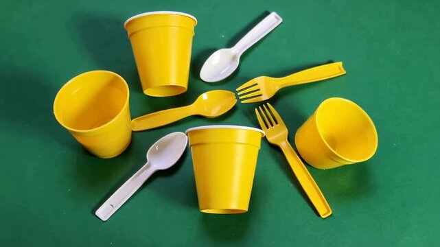 Yellow plastic cups and utensils on green surface close up shot,party preparation and tableware arrangement concept
