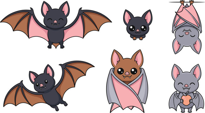 Cute bat cartoon vector set with flying hanging and wrapped wing poses for halloween character nursery and wildlife animal design.