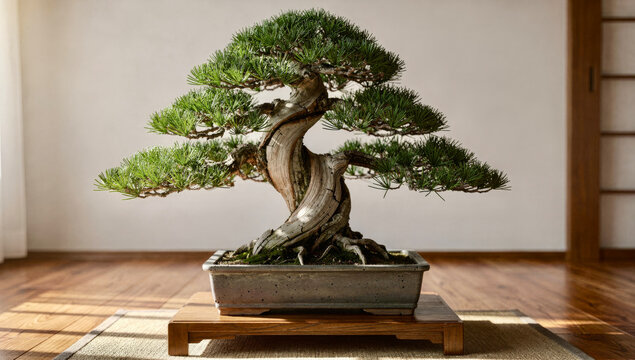 Bonsai tree on wooden stand in bright room with natural light and minimal decorations