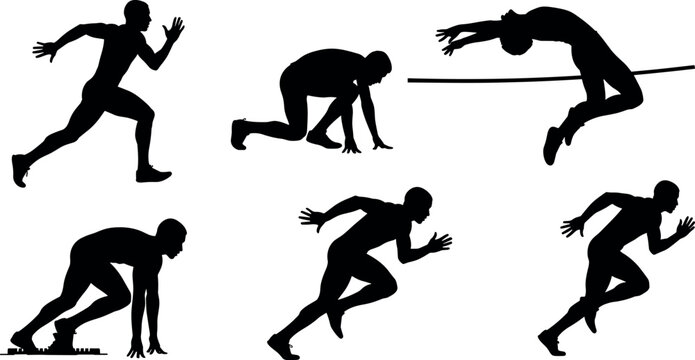 Set of athletic black vector silhouettes featuring male track and field competitors running sprinting high jumping and at starting blocks.