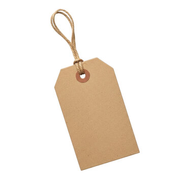 Brown cardboard gift tag with string isolated on transparent background