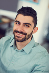 Obraz premium Happy, professional and portrait of business man in office for journalist, article editor and confidence. About us, pride and creative publisher with employee in magazine agency for copywriter