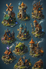 Fototapeta premium 3D Isometric Fantasy Village Buildings and Magical Medieval Cottages Set
