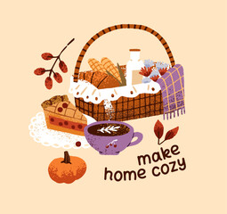 Naklejka premium Design for greeting cards with autumn aesthetics. Templates for postcard with fall leaves, picnic basket, cup of coffee, pumpkin, piece of pie. Cozy elements, items. Flat isolated vector illustration