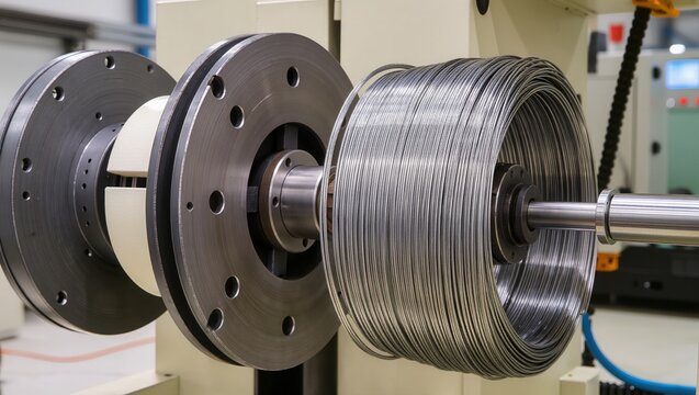 Close-up of industrial machine with metal wire coil on rotating shaft, shiny wire neatly wound, highlighting precision and technology in modern metal processing workflow