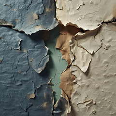 Macro close up of peeling cracked paint revealing green underlayer on old wall