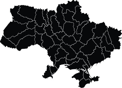 Detailed black silhouette map of Ukraine with white borders showing administrative regions, isolated on a white background for geographical design.