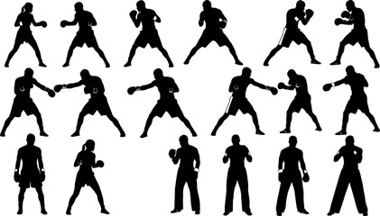 Fototapeta premium Vector silhouette collection of professional male and female boxers in active fighting stances and defensive poses for sports graphic designs.