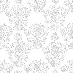 Floral botanical line art with flowers, buds, and leaves. Vector illustration. Elements of wild and garden plants and herbs on seamless pattern. For printing on fabric, invitations, and nursery decor