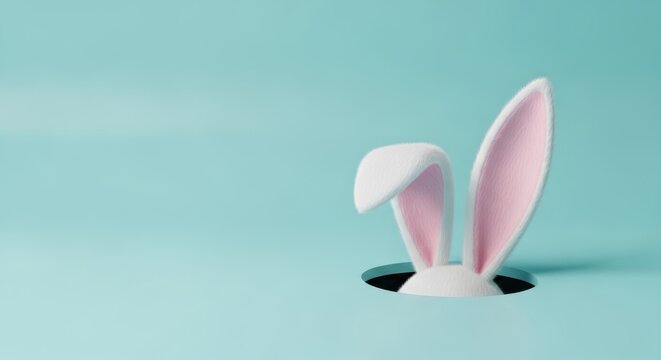 Happy easter concept: 3d bunny ears peeking from a hole on a soft pastel blue background - Copy space