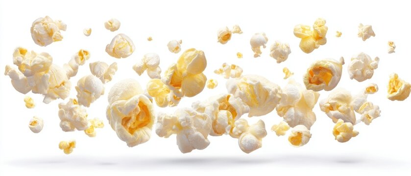 The popcorn kernels floating in midair with buttery golden texture and studio lighting