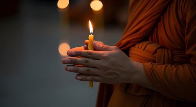 A worshipper's hands gently cradle a lit candle, embodying faith and spiritual reflection during the significant Thailand Makha Bucha celebration, a moment of profound devotion