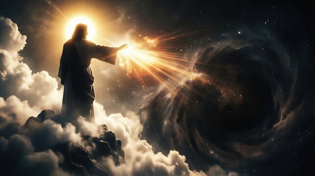 God creating light from darkness. Divine power forming the universe. Concept for creation myth and religious themes from the Book of Genesis.