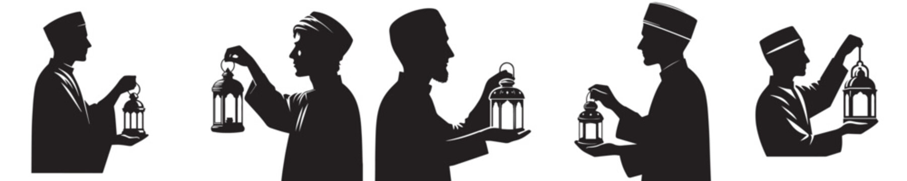 half body silhouette vector of a Muslim man holding a Ramadan lantern