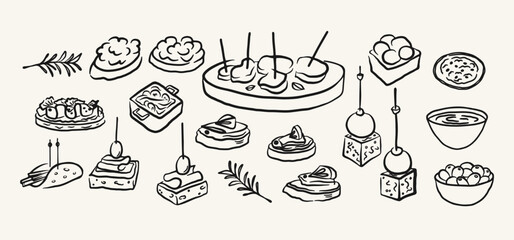 Spanish tapas. Appetizers set. Sketch collection of traditional snacks. Hand drawn pintxos, bruschetta, olives, skewers. Vector on white background. Traditional food, banquet, dinner © Oxi An