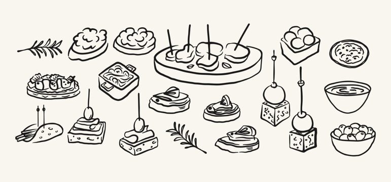 Spanish tapas. Appetizers set. Sketch collection of traditional snacks. Hand drawn pintxos, bruschetta, olives, skewers. Vector on white background. Traditional food, banquet, dinner