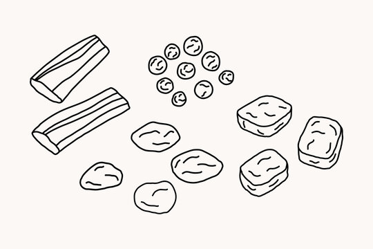 Soy meat products. Plant-based substitutes set, chunks and strips. Hand drawn doodle illustration of various vegan proteins.
Line art sketch of meat alternatives for vegetarian and vegan diets 
