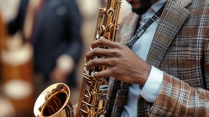 Obraz premium Closeup of musician playing shiny saxophone on street