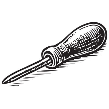 Vintage Bookbinding Awl Tool Black White Line Art Engraving Illustration Isolated